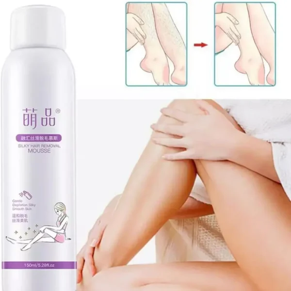 Silky Hair Removal Mousse bottle with Chinese text, 150ml net volume, for smooth and gentle hair removal.