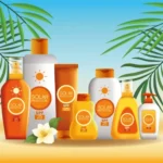 Summer skincare products with SPF on tropical background
